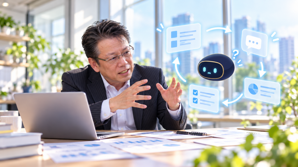 ノートパソコンの前で、濃紺のAIロボットに身ぶり手ぶりで何度も説明している吉村太一のイラスト。説明・確認・修正が矢印でぐるぐる回っている